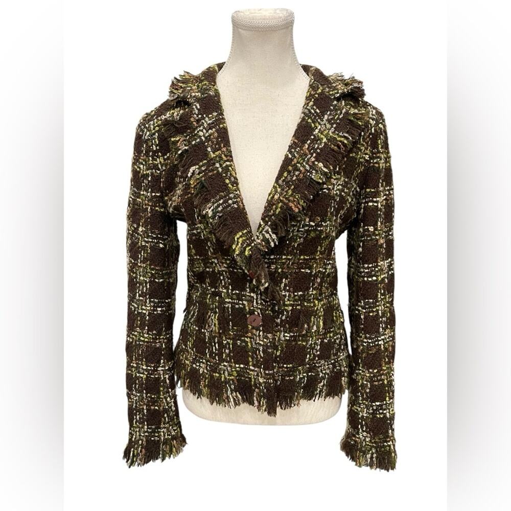 AVENUE MONTAIGNE Tweed Plaid Fringe Women's Jacket Size:4